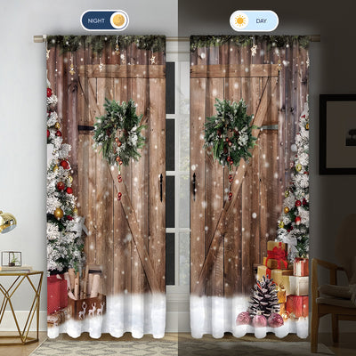 Digital printed Christmas curtains with a festive garland design, red ornaments, bows, and berries, on a white background. - Image 27