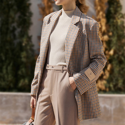 Blazer Vintage Cuadrillé para Mujer con Hombros Anchos