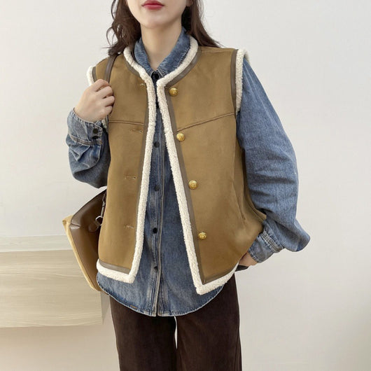 Chaleco Retro de Cuero y Piel con Cuello Redondo