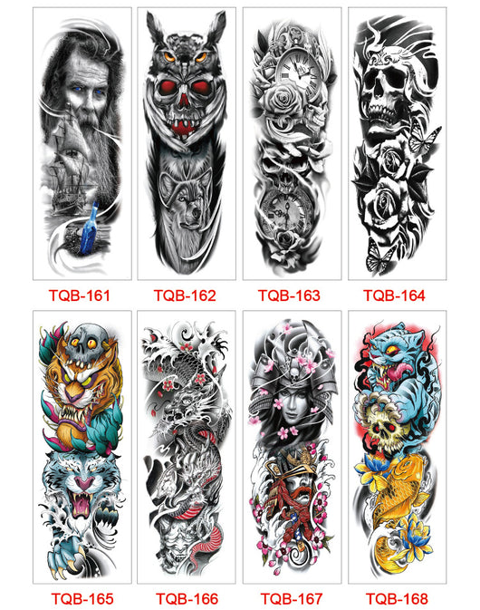 Full arm temporary tattoo sticker with a black, red, and light blue tribal design, featuring abstract shapes and patterns. - Image 61