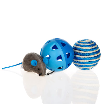 Cat toy set with a gray plush mouse, a blue plastic jingle ball, and a blue and white sisal rope ball. - Image 9