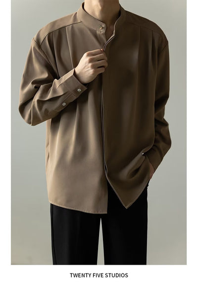 Camisa Casual Holgada de Manga Larga con Cuello Alzado para Hombre - Image 11