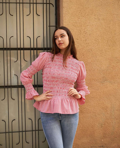 Blusa Ajustada con Pliegues y Estampado Cuadros para Mujer - Image 24