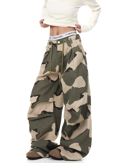 Pantalones Overol Camuflaje Plisados con Cordón - Corte Recto Ancho y Suelto - Image 4