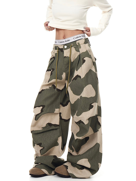 Pantalones Overol Camuflaje Plisados con Cordón - Corte Recto Ancho y Suelto - Image 4