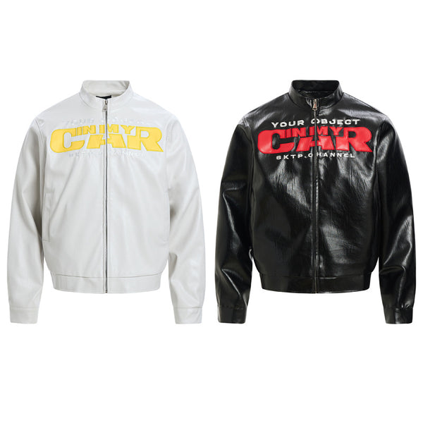 Chaqueta de Cuero PU Estilo Motociclista Americana con Parches