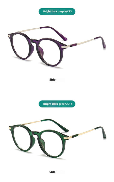 Dark purple round-frame anti-blue light reading glasses with silver-colored temples on a white background. - Image 10