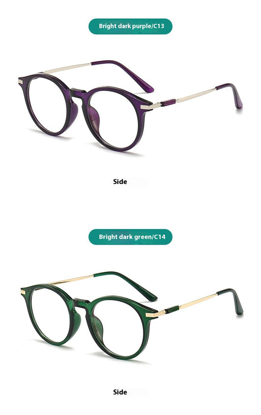 Dark purple round-frame anti-blue light reading glasses with silver-colored temples on a white background. - Image 10