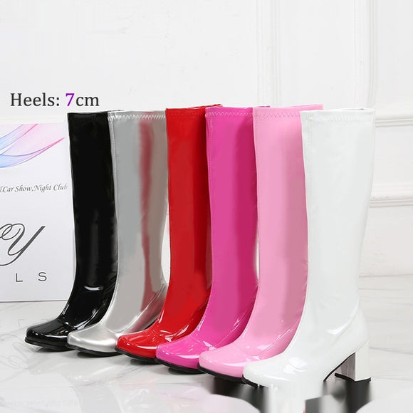 Botas Medianas de Cuero Charol con Tacón Grueso Elástico