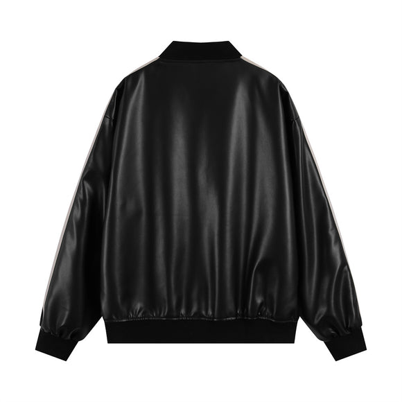 Abrigo de Cuero PU con Cuello Mao y Bordados en Contraste para Hombre
