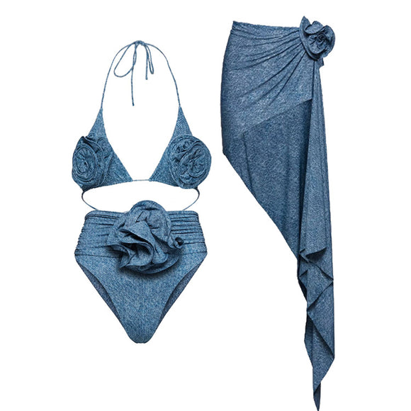 Bikini Sexy con Flores 3D y Ajuste Halter Anudado