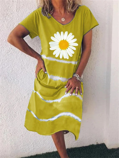Vestido de Verano Estampado Girasol con Rayas - Manga Corta para Mujer - Image 9