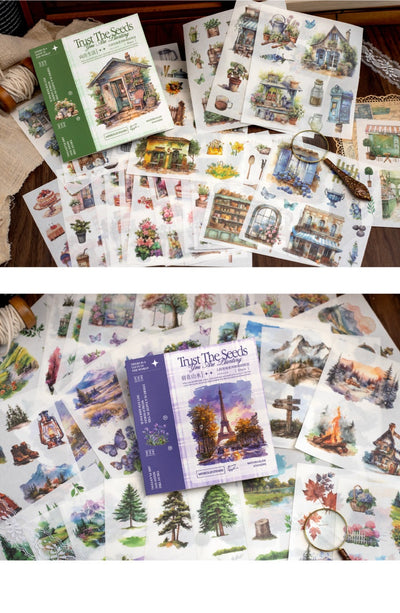 Retro Japanese paper sticker book with 50 sheets of watercolor-style daily life, house, garden, and cafe themed stickers. - Image 11
