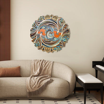Arte Decorativo Pared Peces Dobles Tallado Madera Redondo Retro
