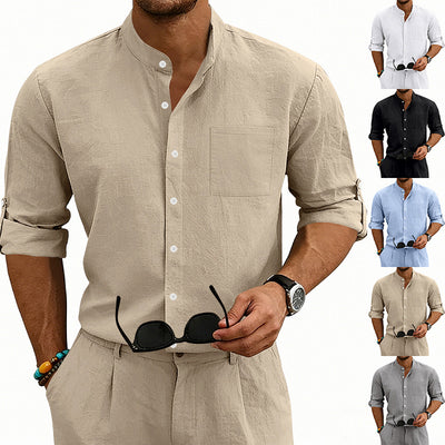 Camisa de Lino Estilo Americano con Cuello Mao y Mangas Medianas para Hombre - Image 27