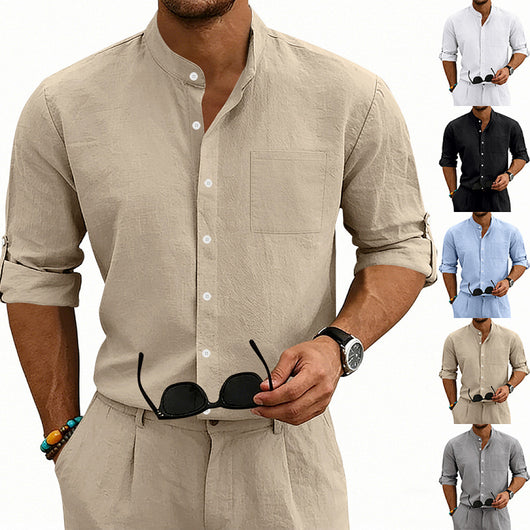 Camisa de Lino Estilo Americano con Cuello Mao y Mangas Medianas para Hombre - Image 27