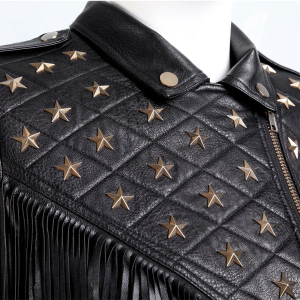 Chaqueta de Cuero para Mujer con Tachuelas Estrella y Borlas