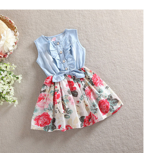 Vestido Infantil sin Mangas de Denim con Estampado Floral - Image 11