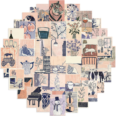 55 portable abstract art stickers in a cute cartoon style, featuring animals, objects, and scenes in pink, blue, and cream. - Image 3