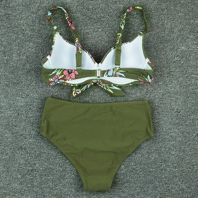 Olive green floral print bikini top with tie-front and solid high-waisted ruched bottoms on a grey background. - Image 9