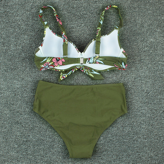 Olive green floral print bikini top with tie-front and solid high-waisted ruched bottoms on a grey background. - Image 9