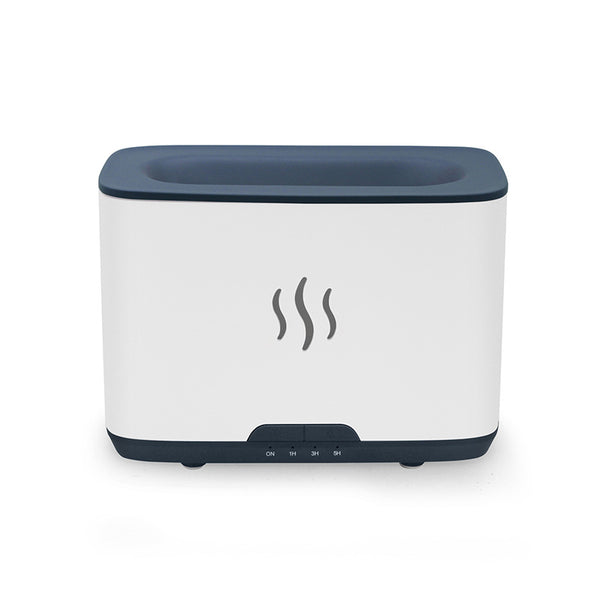 Dark gray rectangular aromatherapy humidifier with an orange flame-like mist and three essential oil bottles. - Image 5