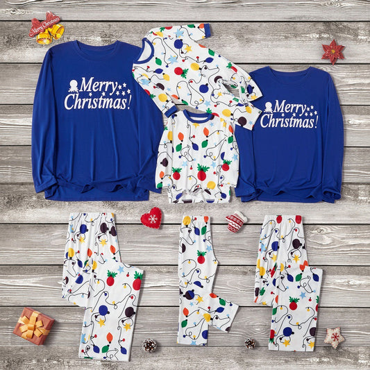 Blue long-sleeve pajama top with "Merry Christmas!" text and white bottoms with colorful Christmas lights pattern.