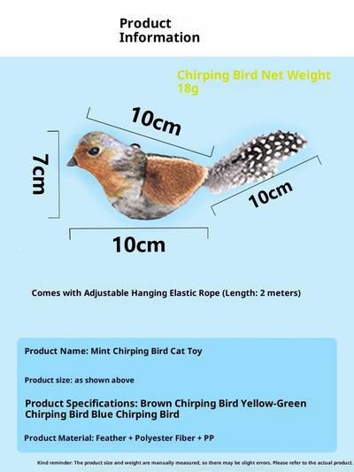 Plush bird cat toy with orange chest, brown body, and real speckled feathers, includes a yellow hanging rope. - Image 12
