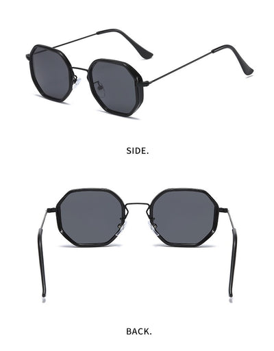 Men's personalized polygon sunglasses with black and gold frame and purple gradient UV resistant lenses. - Image 17