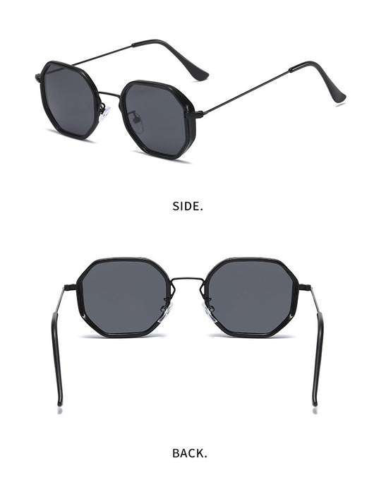 Men's personalized polygon sunglasses with black and gold frame and purple gradient UV resistant lenses. - Image 17