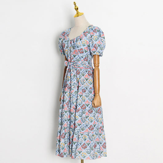 Vestido Azul Mori con Mangas Abullonadas, Cintura Alta y Estampado - Image 4