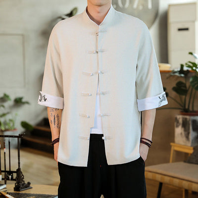 Camisa Hanfu Retro Estilo Chino con Cuello Mao y Manga 3/4 en Algodón y Lino - Image 9