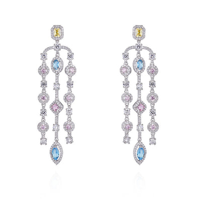 Aretes Largos de Cobre con Circonita Geométrica y Borla para Mujer - Image 9