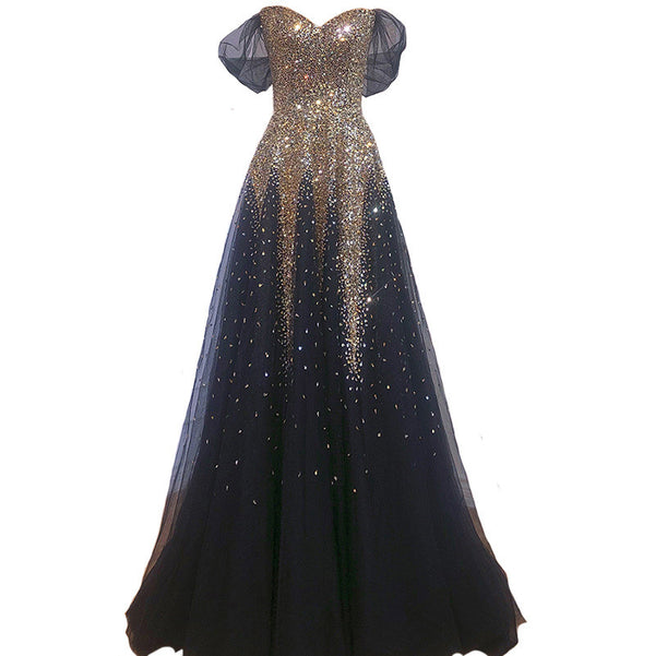 Vestido de Noche Negro Dorado para Dama de Honor y Eventos de Gala