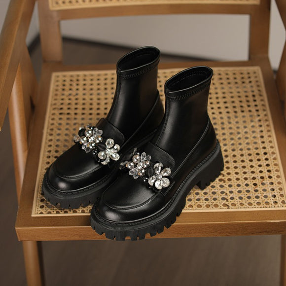 Botas Elásticas con Flores de Cristal y Punta Redonda para Mujer