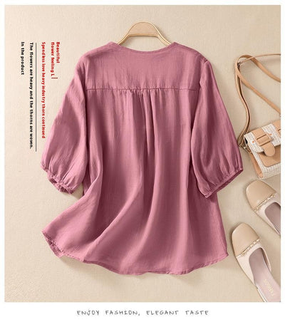 Blusa Suelta de Algodón y Lino con Cuello V - Image 31