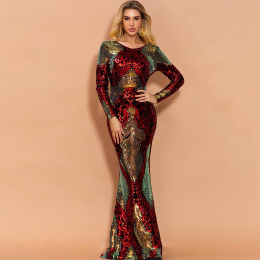 Vestido Maxi Escotado de Lentejuelas de Manga Larga - Image 10