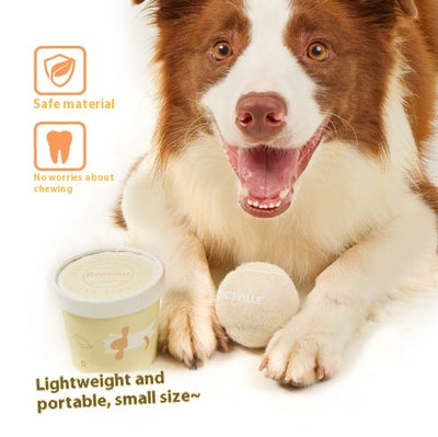 Beige Petsville tennis ball for dogs in a light yellow cylindrical container with a playful dog illustration. - Image 24