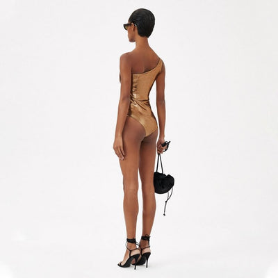 Metallic bronze one-piece swimsuit with a one-shoulder design, large decorative flower, and side cut-out revealing a black panel. - Image 11