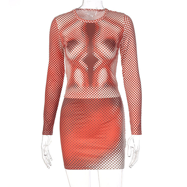 Vestido Corto Ajustado con Estampado - Manga Larga Cuello Redondo