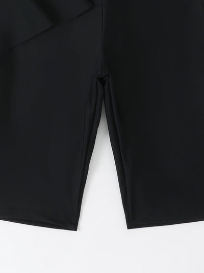 Navy blue two-piece conservative swimwear with short-sleeve peplum top and mid-length shorts, featuring a front zipper. - Image 17