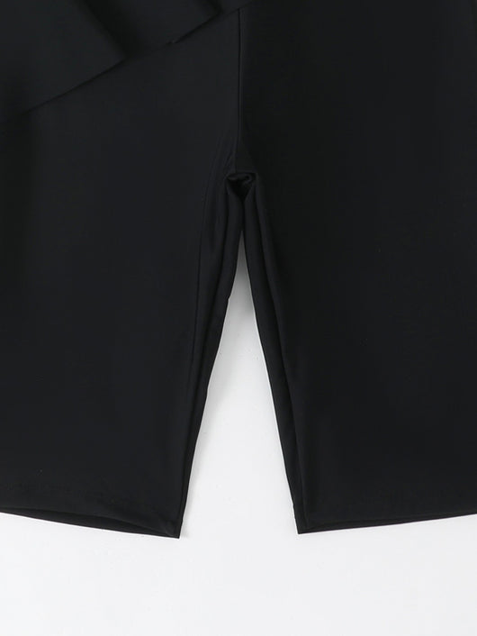 Navy blue two-piece conservative swimwear with short-sleeve peplum top and mid-length shorts, featuring a front zipper. - Image 17