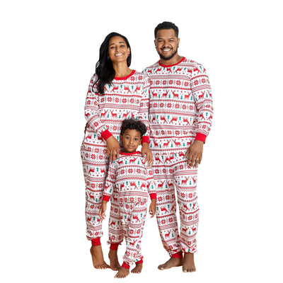 Family matching Christmas pajamas with red reindeer and snowflake print on white, including adult, kids, and baby sizes. - Image 11