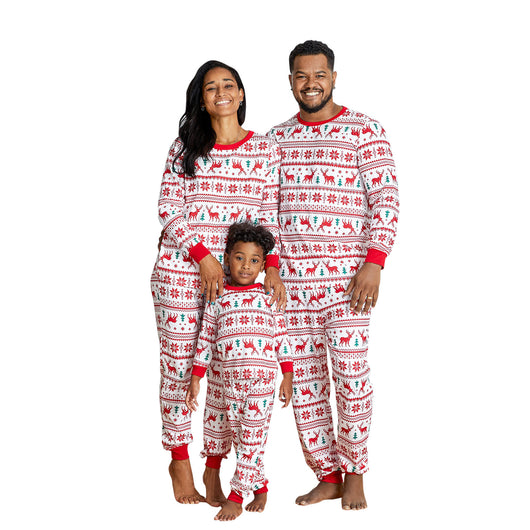 Family matching Christmas pajamas with red reindeer and snowflake print on white, including adult, kids, and baby sizes. - Image 11