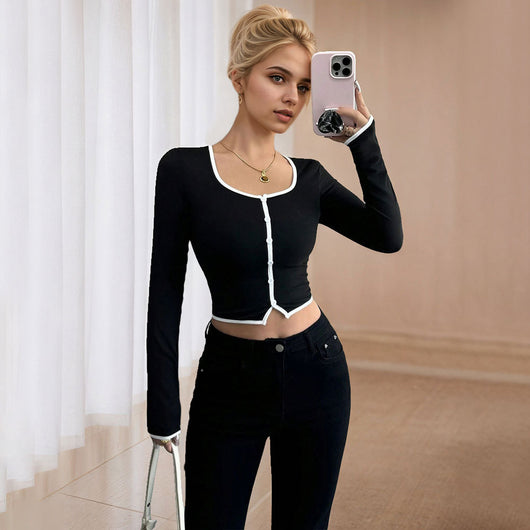 Blusa Crop Top Ajustada de Manga Larga para Otoño e Invierno - Image 3