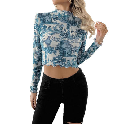 Playera Mesh Azul Transparente de Manga Larga con Cuello Mao - Image 5