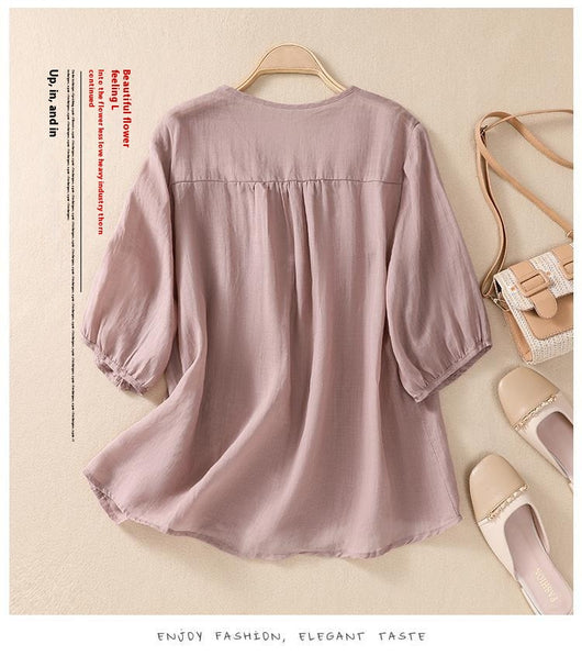 Blusa Suelta de Algodón y Lino con Cuello V - Image 30