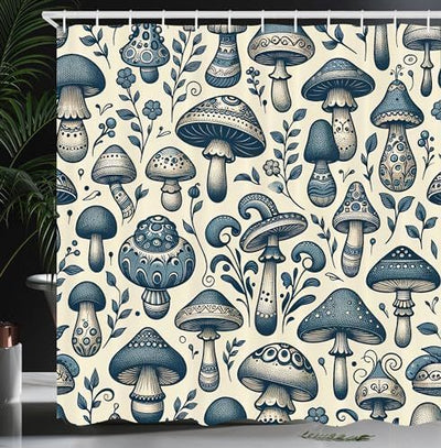 Retro floral shower curtain with wavy stripes in blue, orange, green, and cream colors. - Image 6