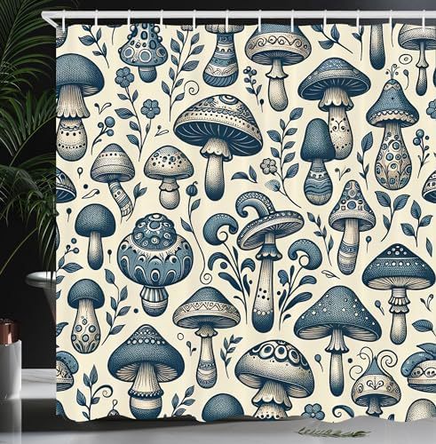 Retro floral shower curtain with wavy stripes in blue, orange, green, and cream colors. - Image 6