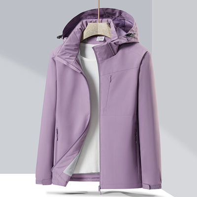Lavender windproof sports jacket with a hood, full zipper, and fleece lining, shown on a hanger. - Image 18